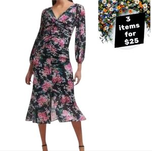NWT GUESS Floral Ruched Midi Cocktail Dress Black Pink Sz 14